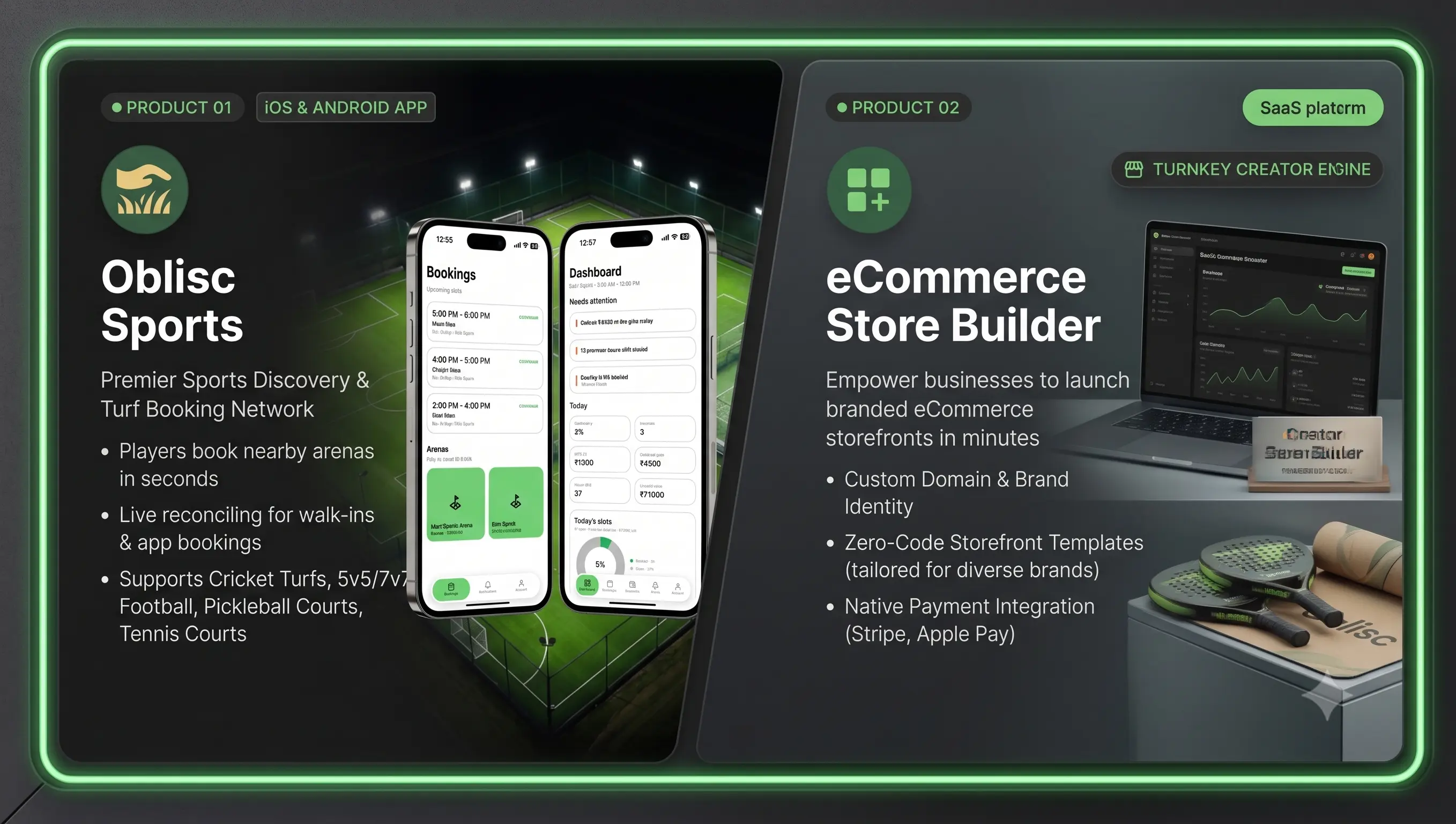 Oblisc Sports booking app and eCommerce Store Builder product mockups